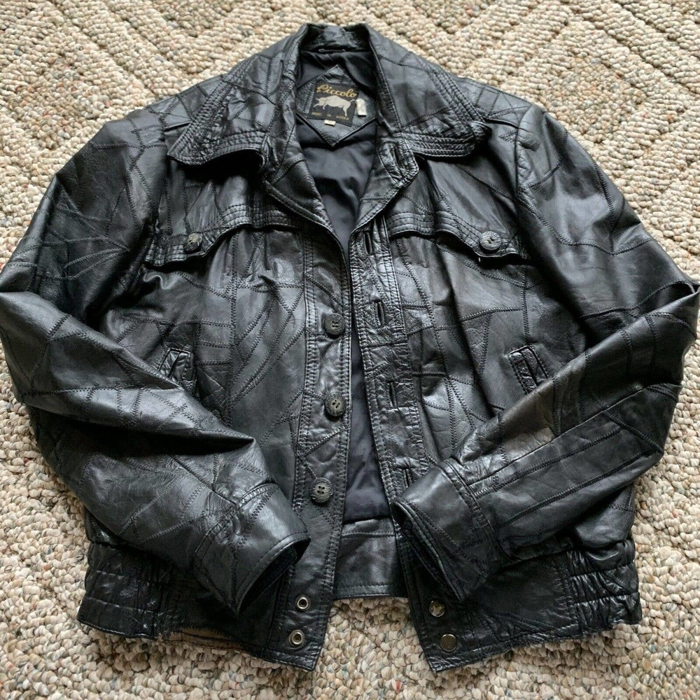 Vtg Piccolo Designer Men's Black Patchwork Leather Jacket 80s/90s Size 42
